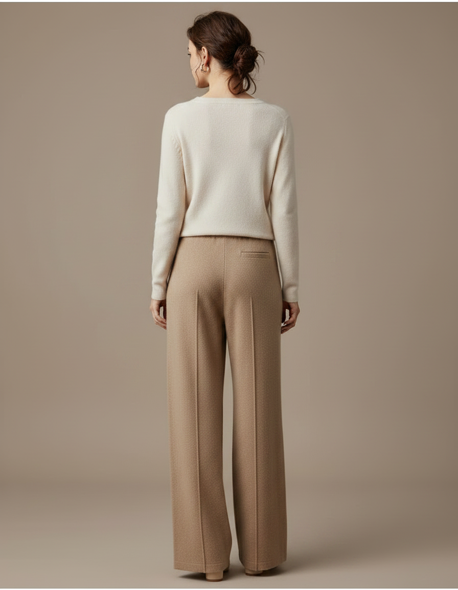 Pantalon Marron Tricoté Large Confortable Cachemire Femme - Camel Maille - vue 2