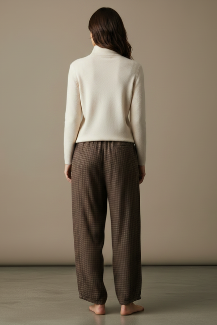 Pantalon Marron Ample Carreaux Décontracté Confortable - Lin - vue 2