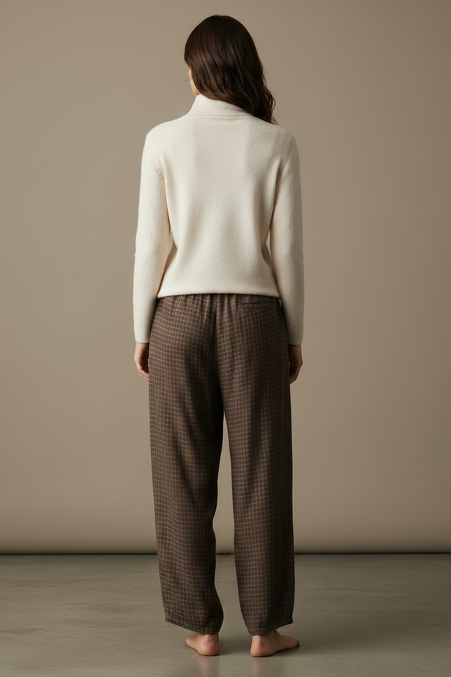 Pantalon Marron Ample Carreaux Décontracté Confortable - Lin - vue 2