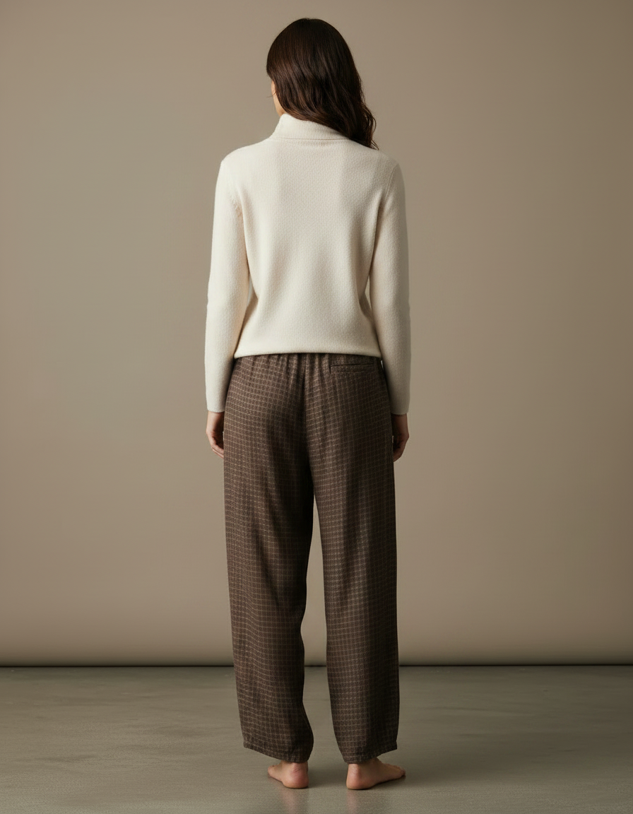 Pantalon Marron Ample Carreaux Décontracté Confortable - Lin - vue 2