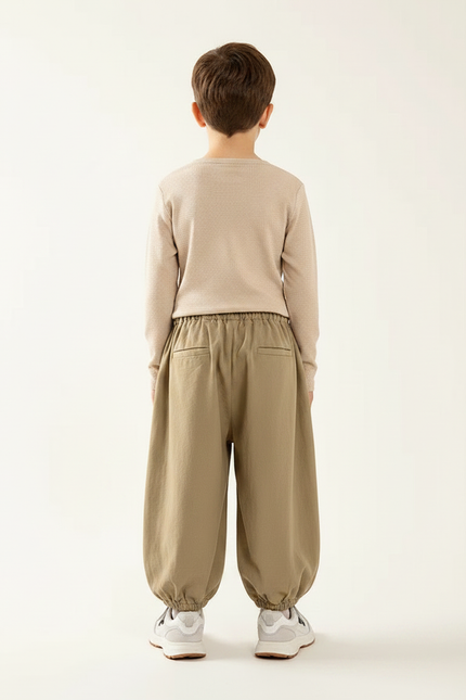 Pantalon Marron Ample Coton Enfant Décontracté Élastique - Kaki - vue 2