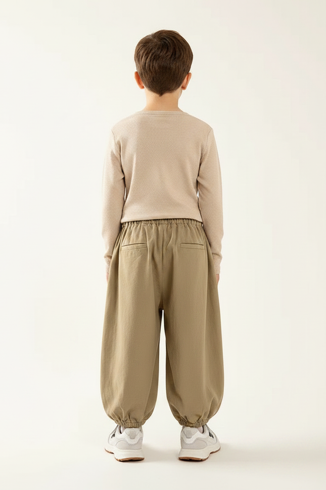 Pantalon Marron Ample Coton Enfant Décontracté Élastique - Kaki - vue 2
