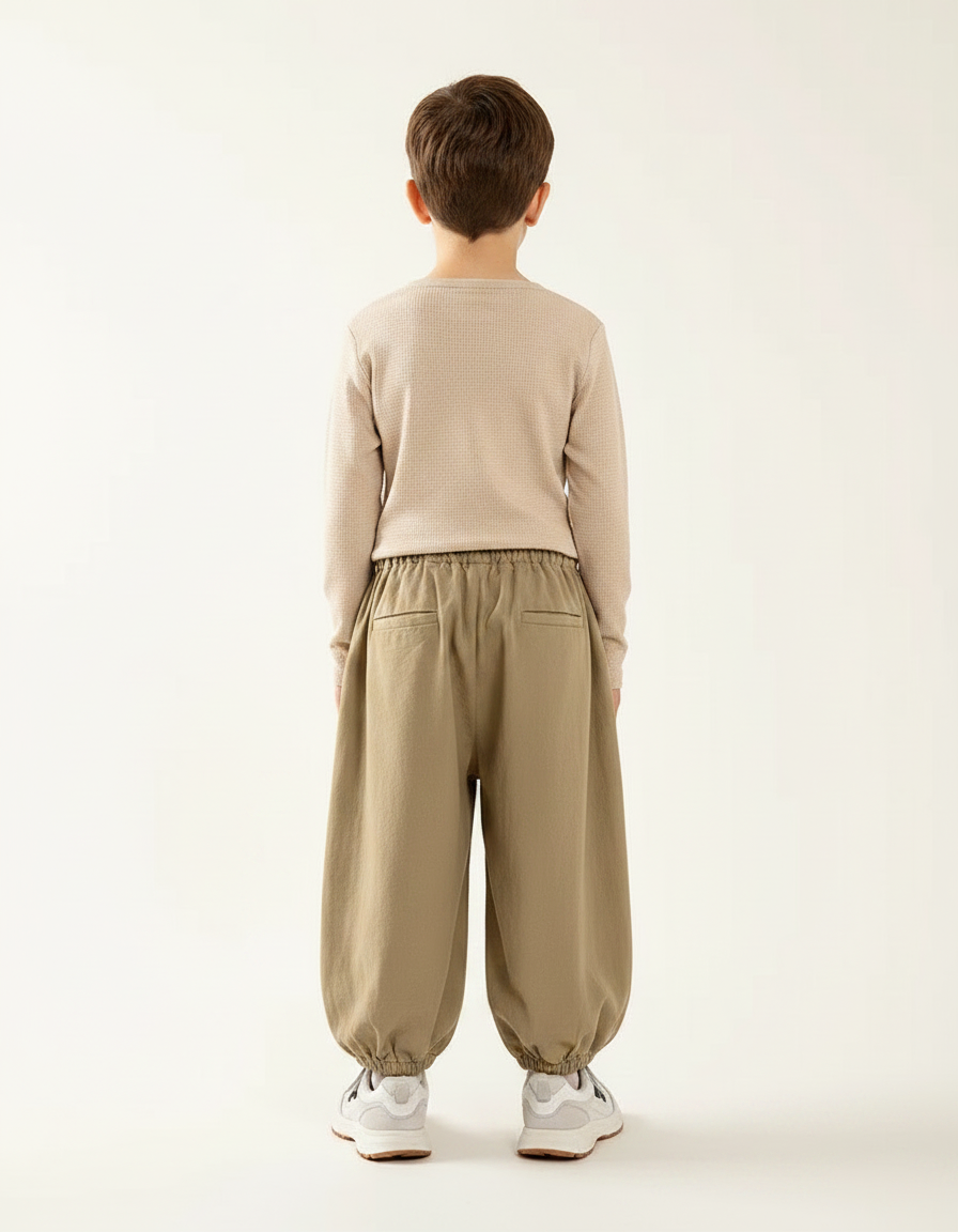 Pantalon Marron Ample Coton Enfant Décontracté Élastique - Kaki - vue 2