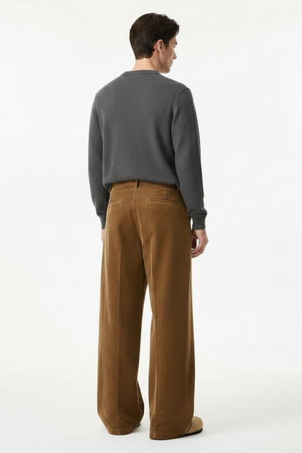 Pantalon Marron Côtelé Ample Décontracté Homme Rétro - Cordé - vue 2