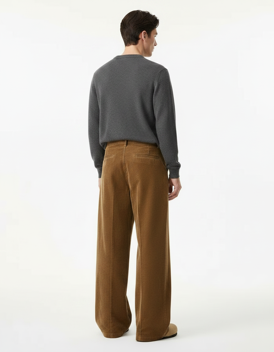 Pantalon Marron Côtelé Ample Décontracté Homme Rétro - Cordé - vue 2