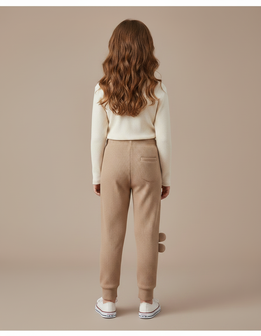 Pantalon Marron Côtelé Enfant Brodé Ours Confortable - Maille - vue 2