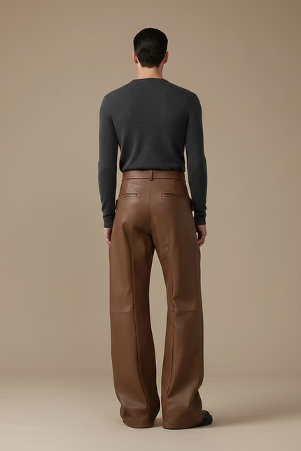 Pantalon Marron Cuir PU Ample Large Homme - Simili cuir - vue 2