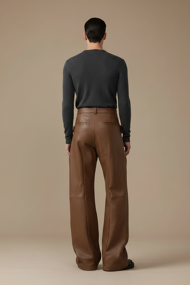 Pantalon Marron Cuir PU Ample Large Homme - Simili cuir - vue 2
