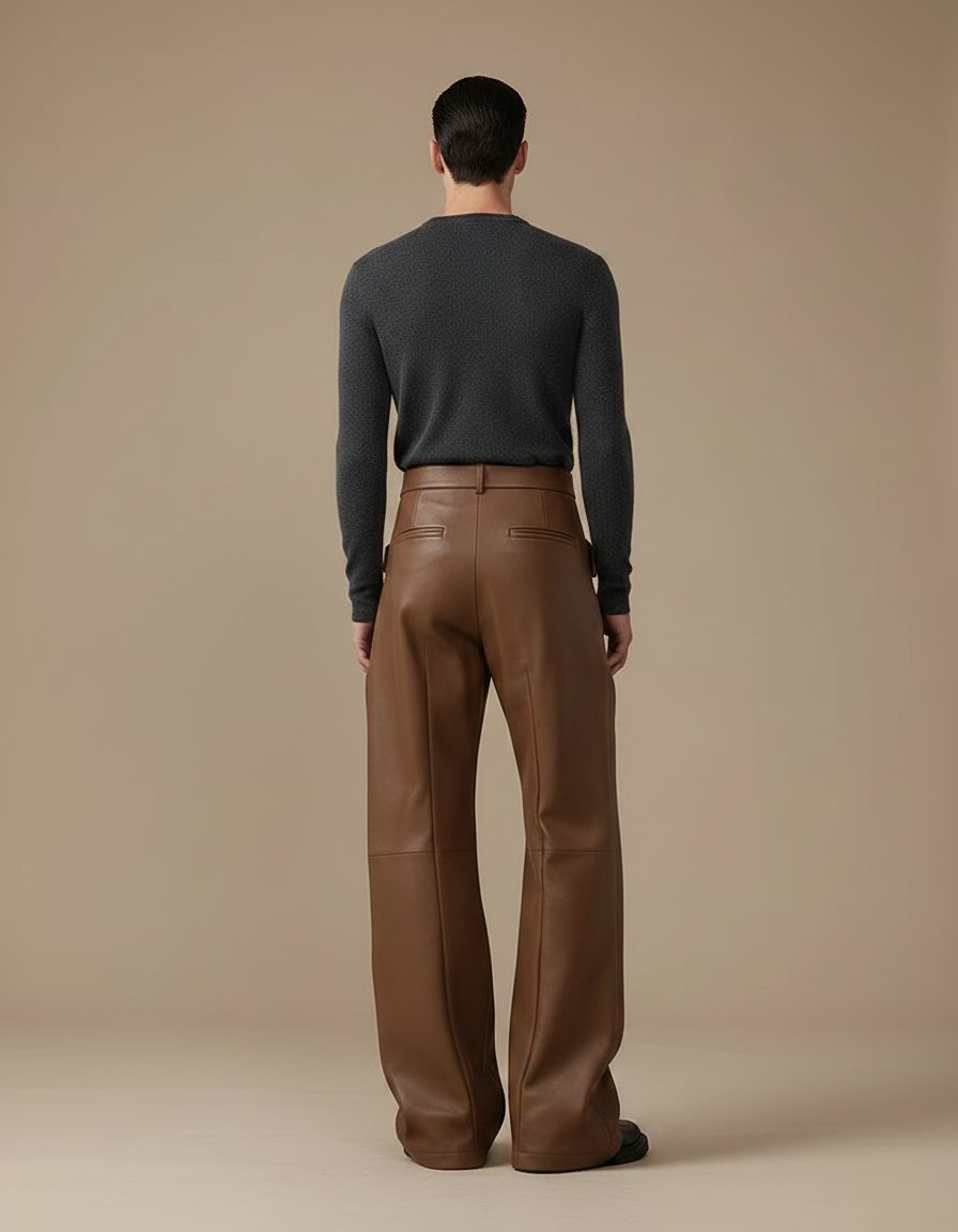 Pantalon Marron Cuir PU Ample Large Homme - Simili cuir - vue 2
