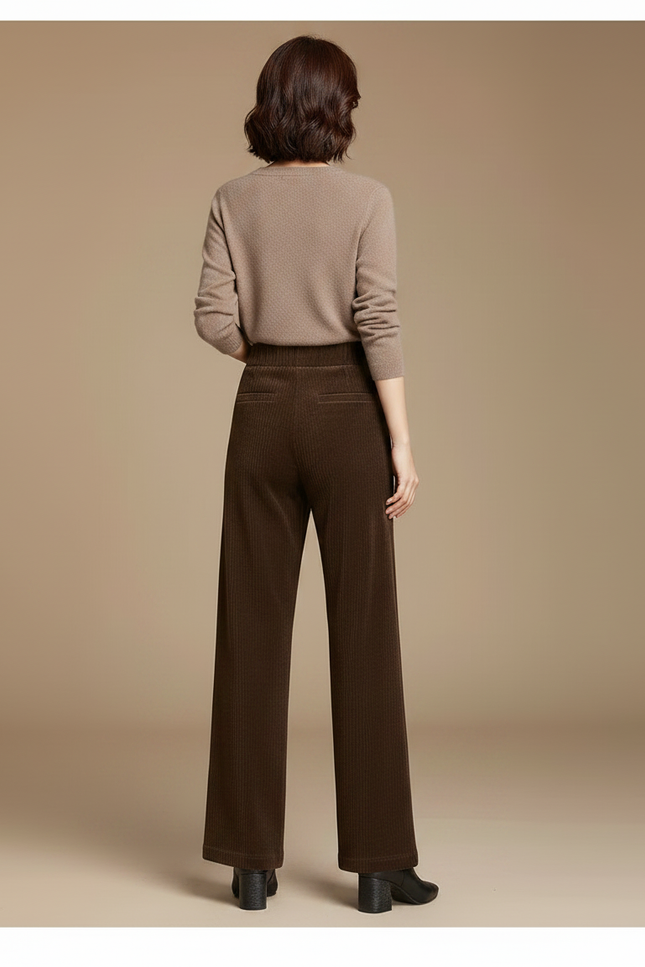 Pantalon Marron Côtelé Ample Taille Haute Femme - Cordé - vue 2