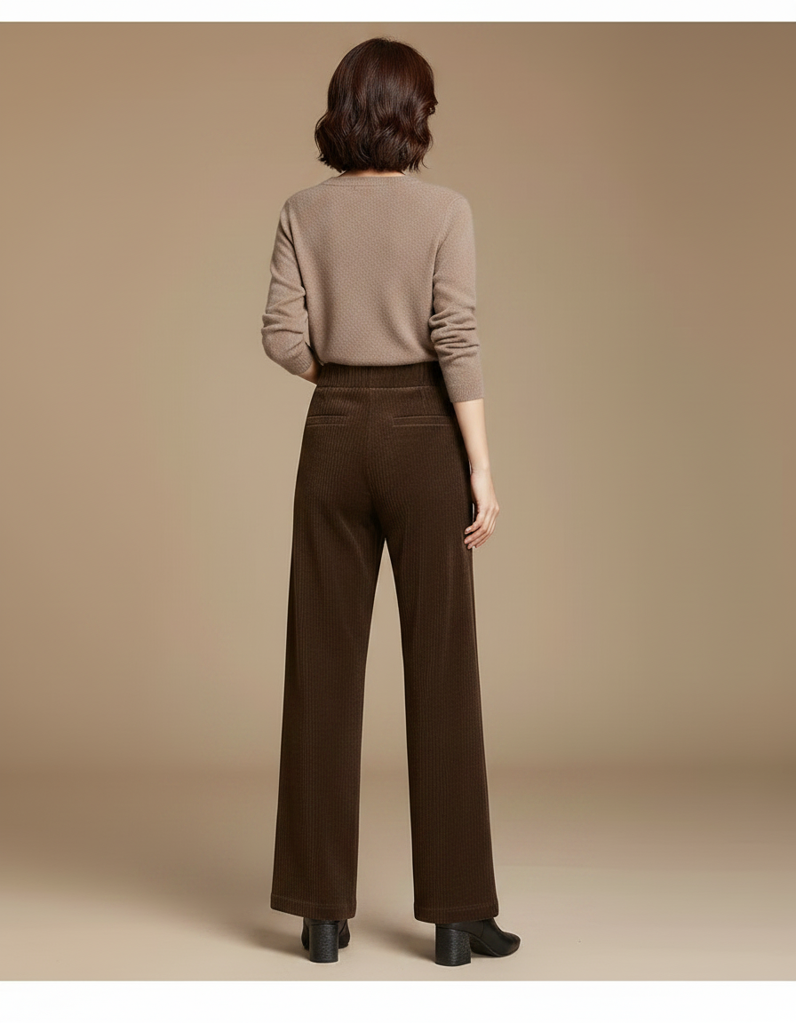 Pantalon Marron Côtelé Ample Taille Haute Femme - Cordé - vue 2
