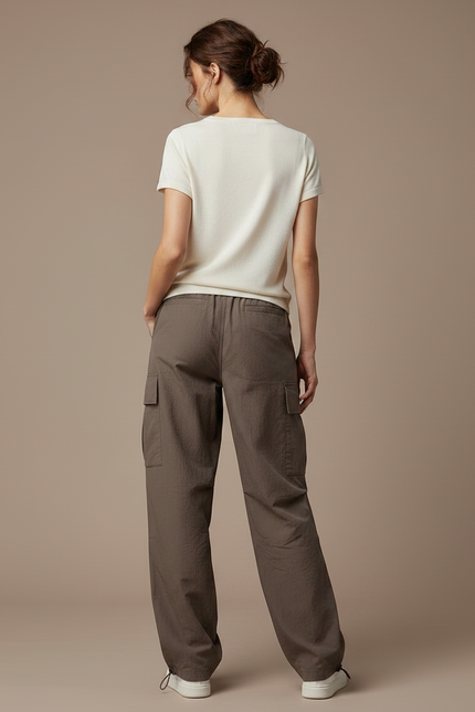 Pantalon Marron Cargo Ample Décontracté Cordon Femme - Kaki Polyester - vue 2