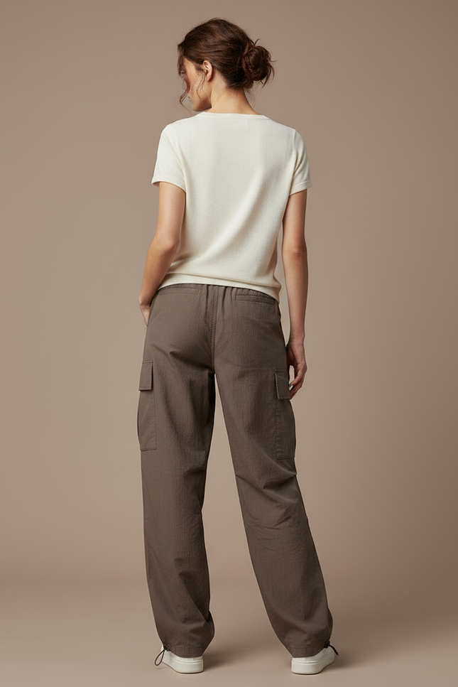 Pantalon Marron Cargo Ample Décontracté Cordon Femme - Kaki Polyester - vue 2