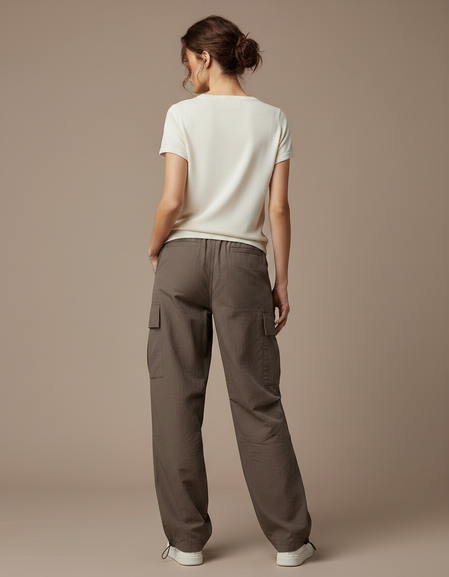Pantalon Marron Cargo Ample Décontracté Cordon Femme - Kaki Polyester - vue 2