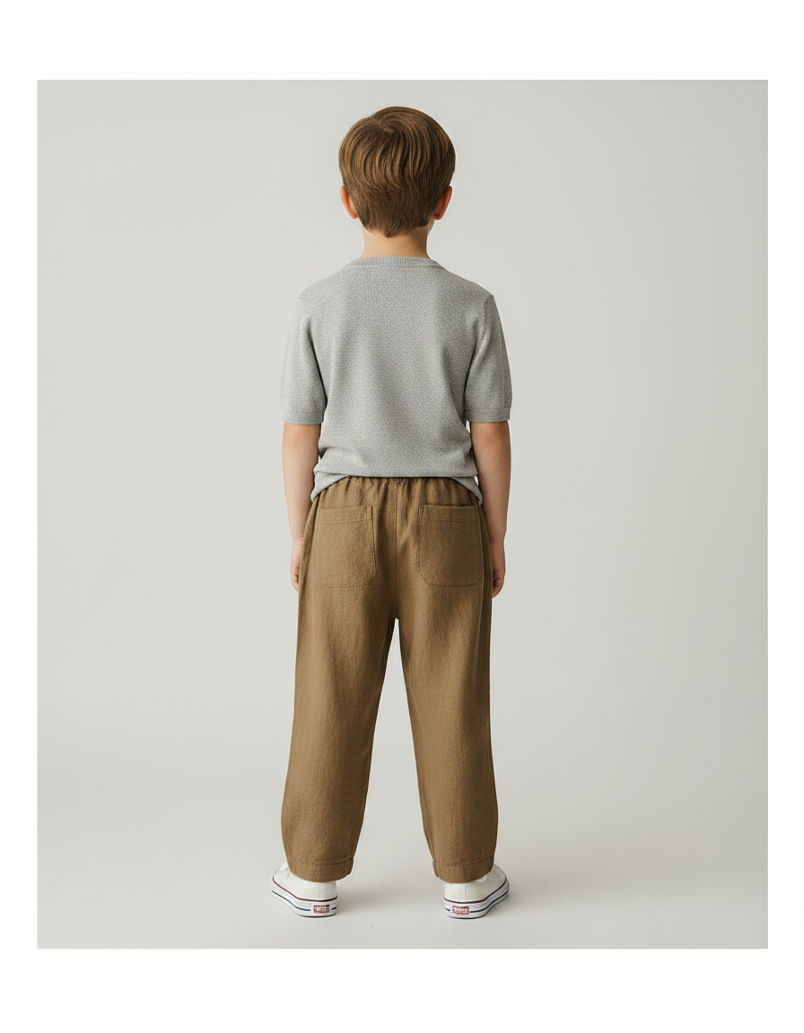 Pantalon Marron Lin Ample Taille Élastique Enfant - vue 2
