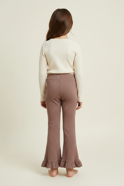 Pantalon Marron Fille Côtelé Évasé Volants Tricoté - Maille - vue 2
