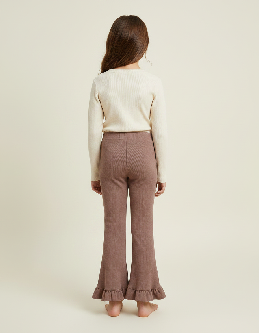 Pantalon Marron Fille Côtelé Évasé Volants Tricoté - Maille - vue 2