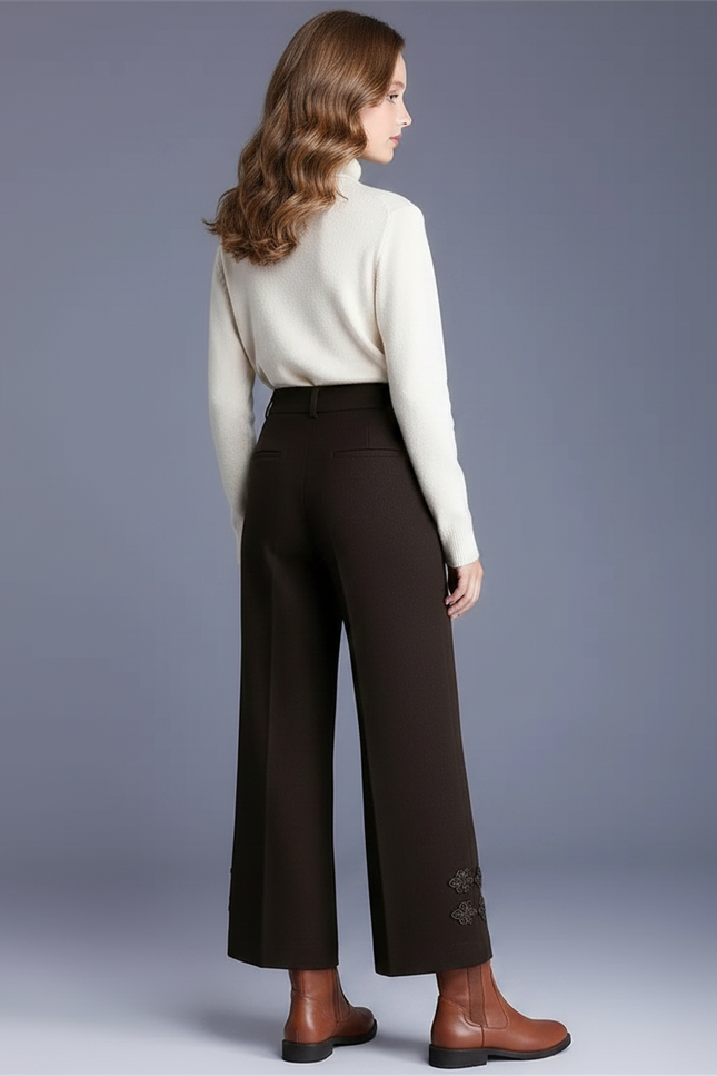 Pantalon Marron Ample Taille Haute Décontracté Brodé - Tweed - vue 2