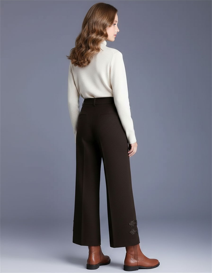 Pantalon Marron Ample Taille Haute Décontracté Brodé - Tweed - vue 2