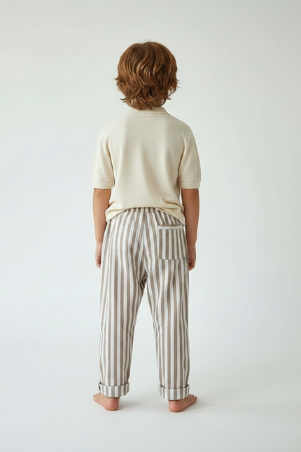 Pantalon Marron Rayé Lin Coton Ample Enfant - vue 2