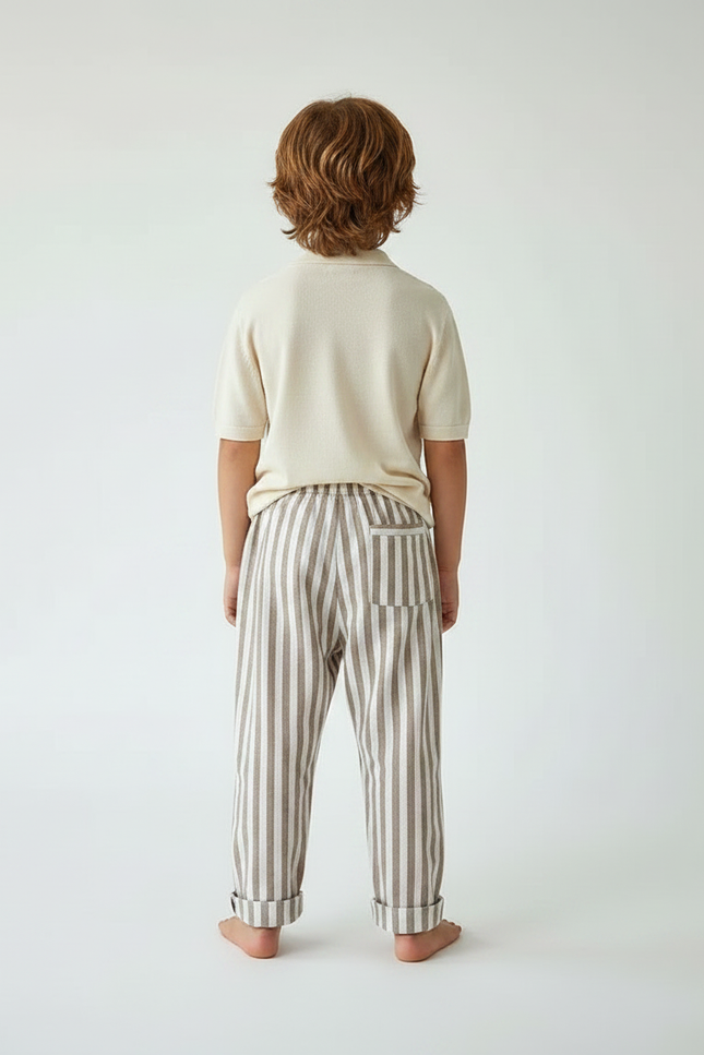 Pantalon Marron Rayé Lin Coton Ample Enfant - vue 2