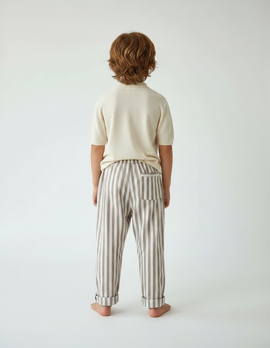 Pantalon Marron Rayé Lin Coton Ample Enfant - vue 2