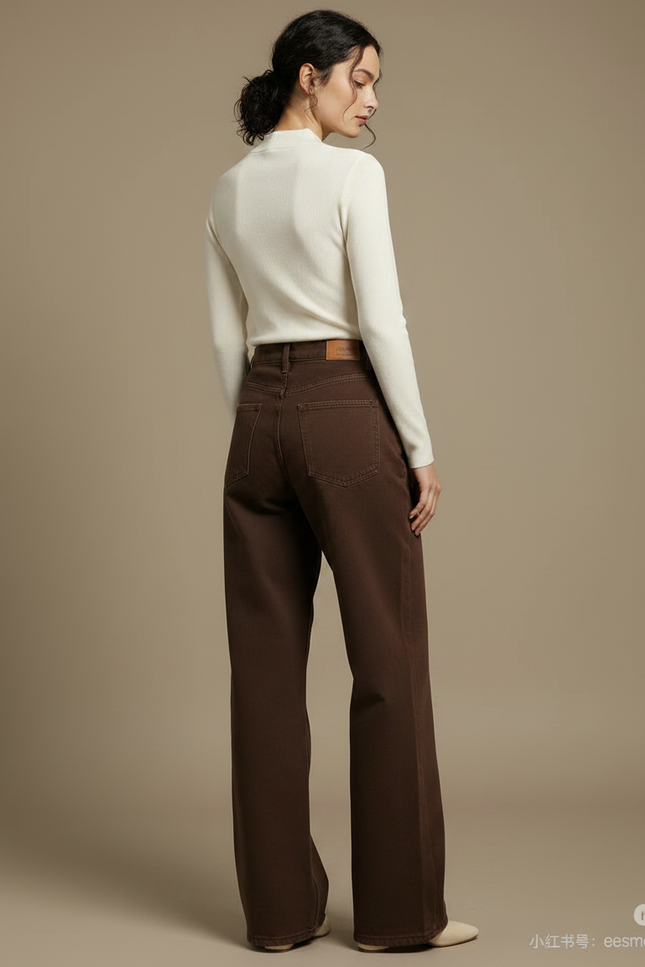 Pantalon Marron Ample Droit Taille Haute Femme - Jean - vue 2