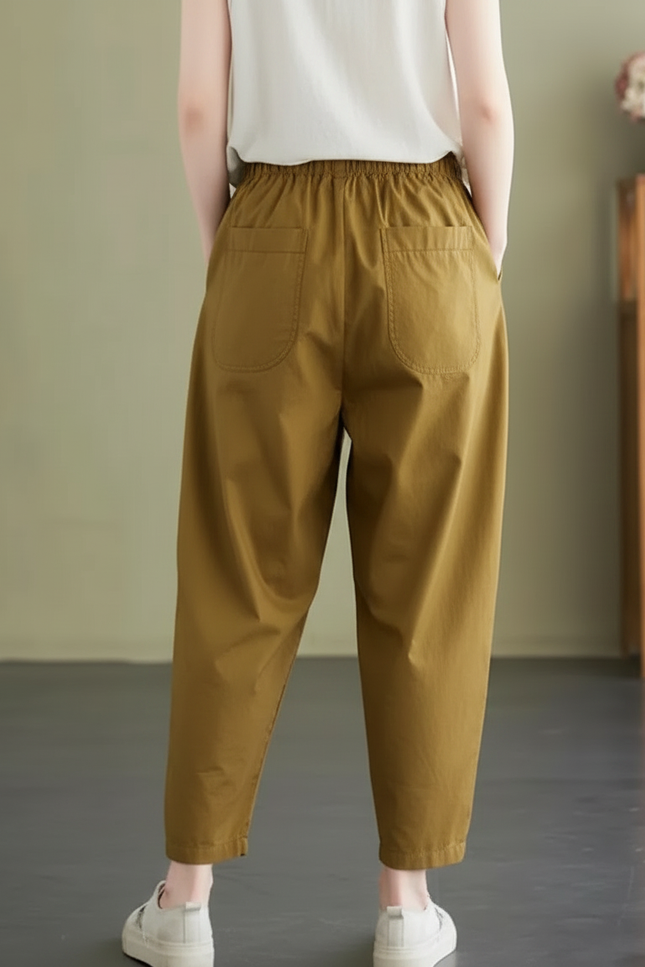 Pantalon Marron Coton Ample Décontracté Harem Femme - Kaki - vue 2