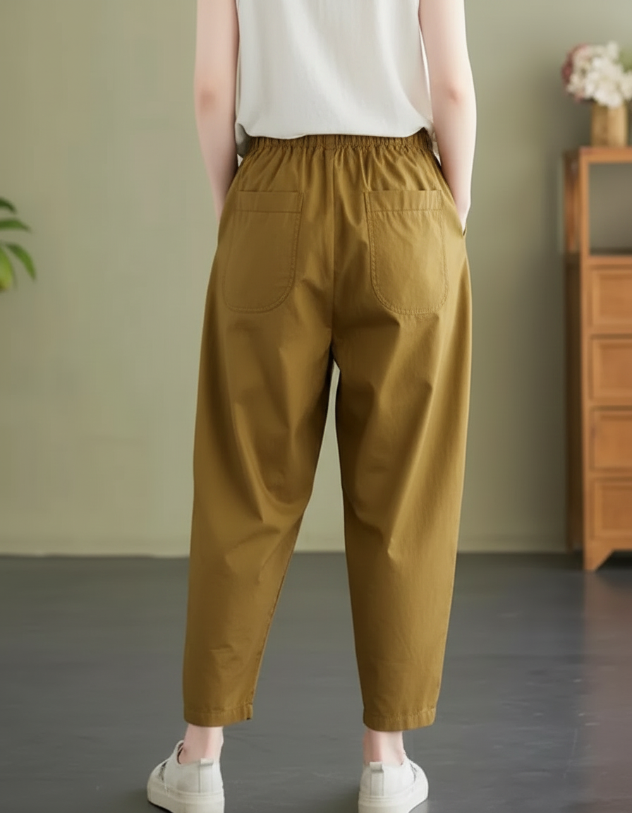 Pantalon Marron Coton Ample Décontracté Harem Femme - Kaki - vue 2