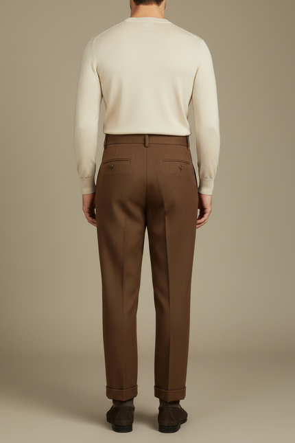 Pantalon Marron Plissé Laine Homme Droit Élégant - vue 2