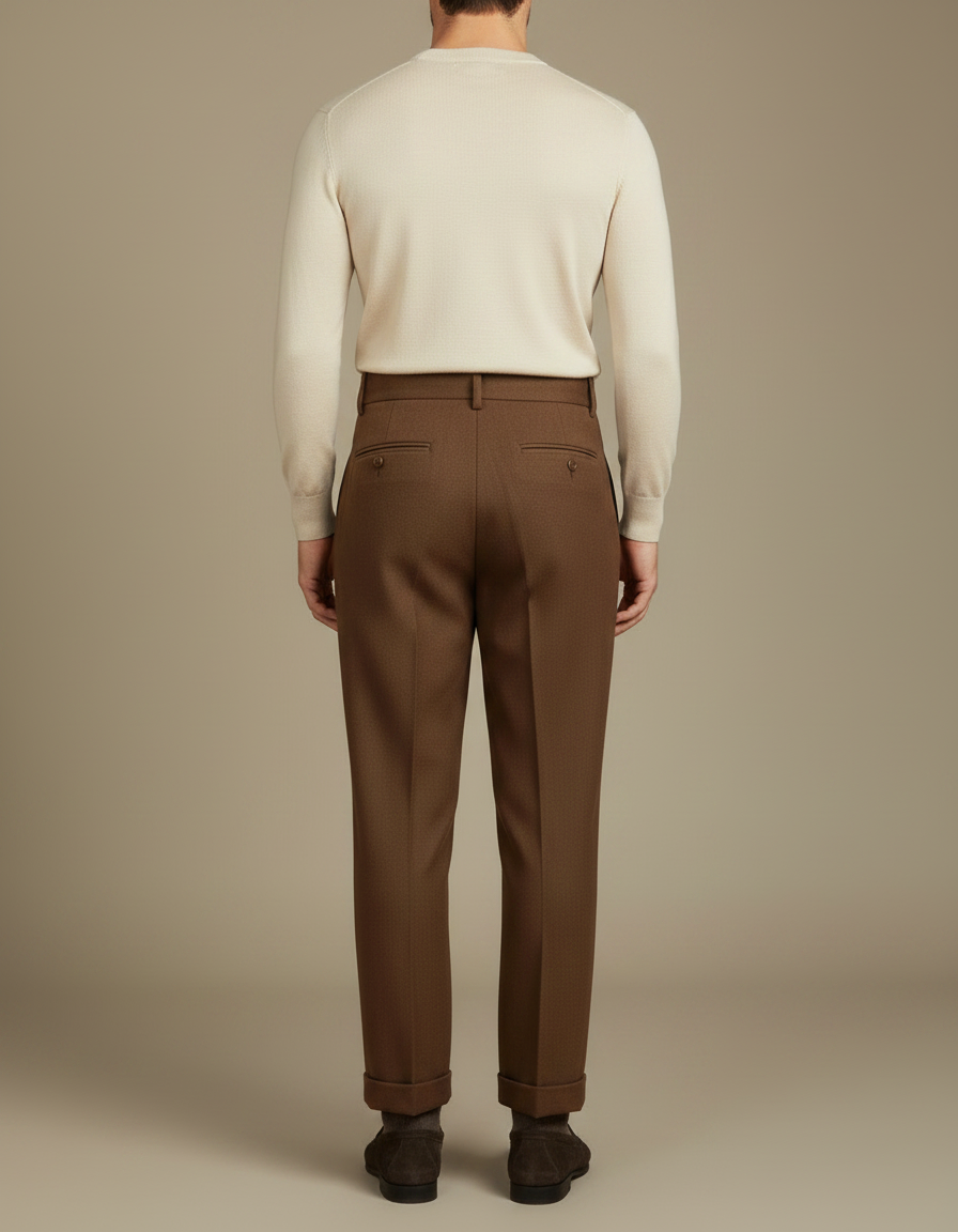Pantalon Marron Plissé Laine Homme Droit Élégant - vue 2