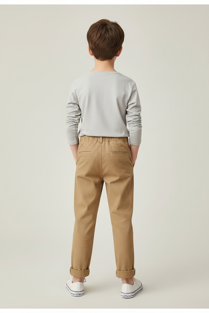 Pantalon Marron Garçon Décontracté Brodé Coton Confortable - Camel - vue 2