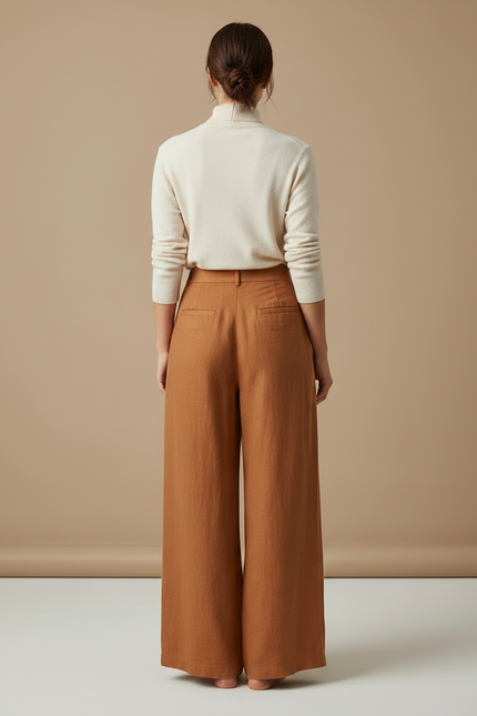 Pantalon Marron Ample Lin Plissé Élégant - vue 2