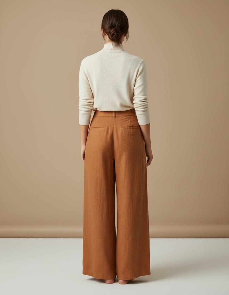 Pantalon Marron Ample Lin Plissé Élégant - vue 2