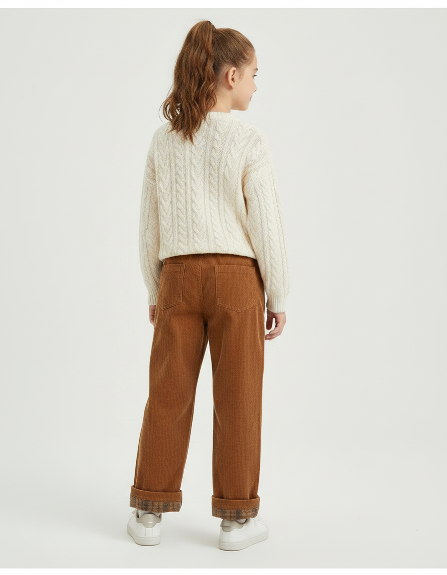Pantalon Marron Côtelé Ample Décontracté Plaid - Cordé - vue 2