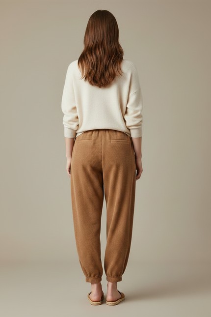 Pantalon Marron Côtelé Ample Élastique Décontracté - Cordé - vue 2