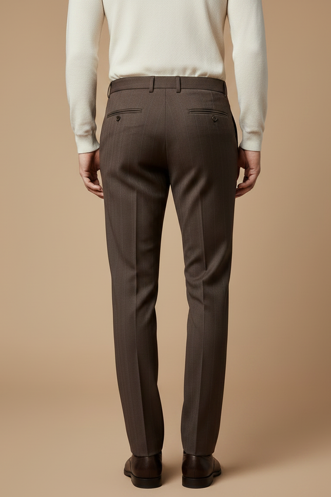 Pantalon Marron Laine Slim Rayures Élégant Homme - vue 2