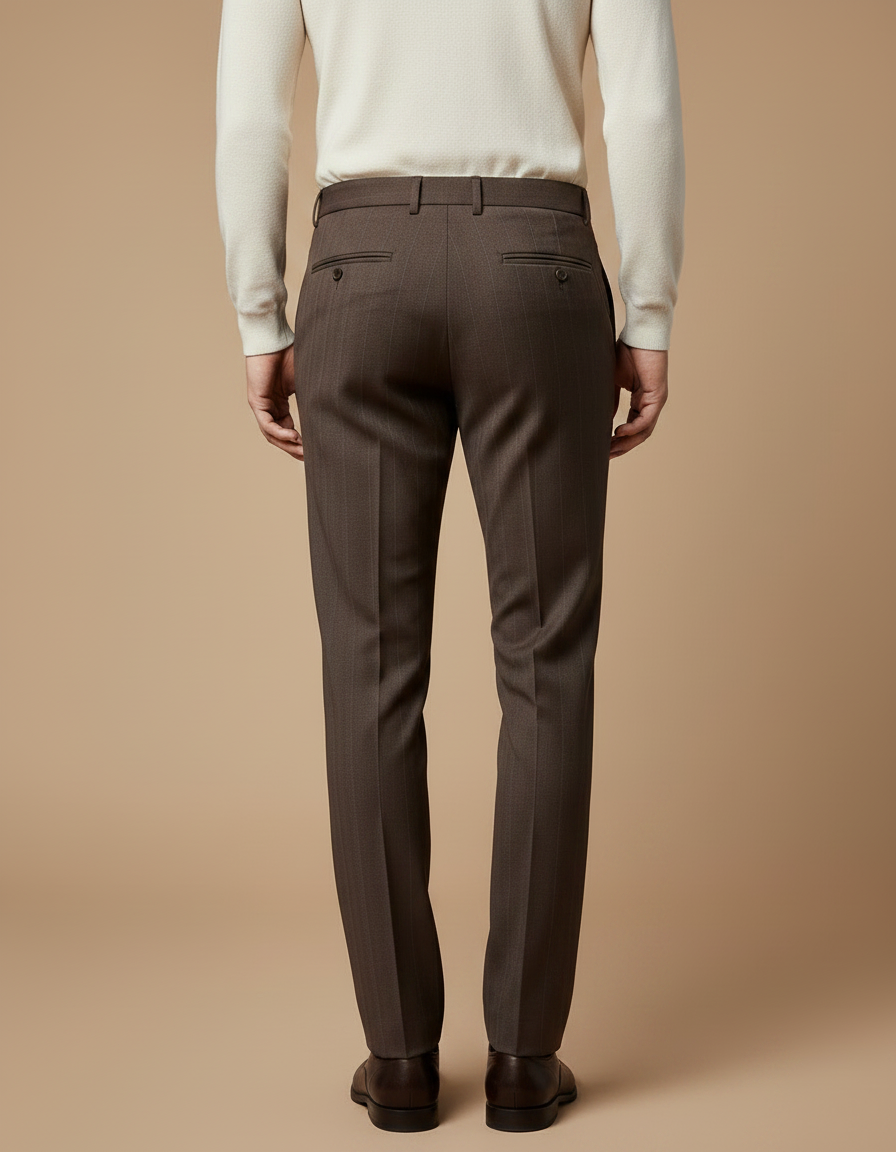 Pantalon Marron Laine Slim Rayures Élégant Homme - vue 2