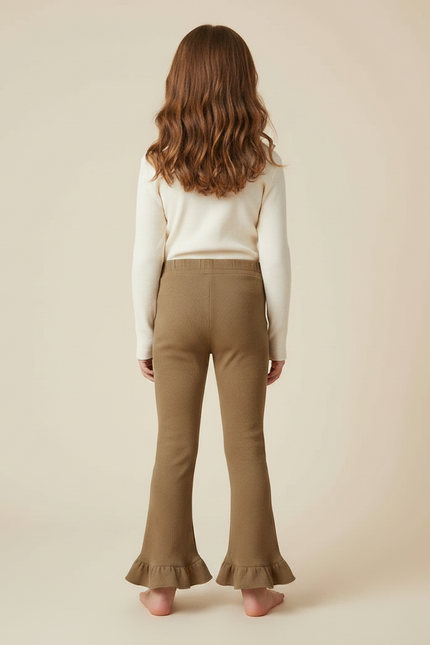 Pantalon Marron Côtelé Évasé À Volants Enfant - Kaki Maille - vue 2