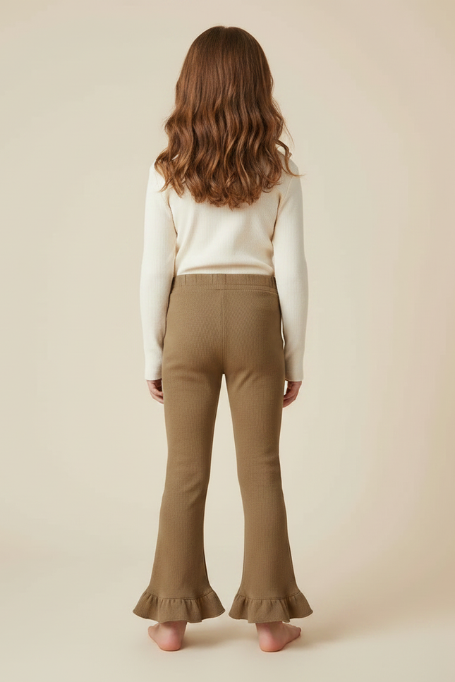 Pantalon Marron Côtelé Évasé À Volants Enfant - Kaki Maille - vue 2
