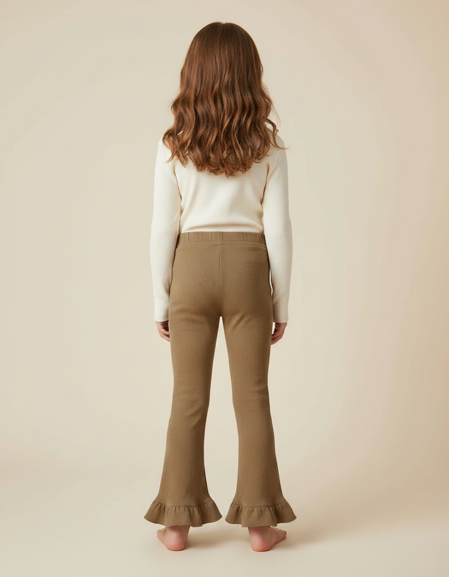 Pantalon Marron Côtelé Évasé À Volants Enfant - Kaki Maille - vue 2