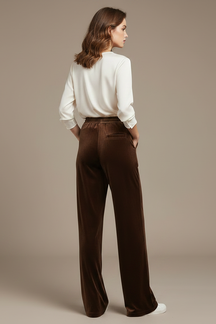 Pantalon Marron Velours Droit Ample Élégant Femme - vue 2