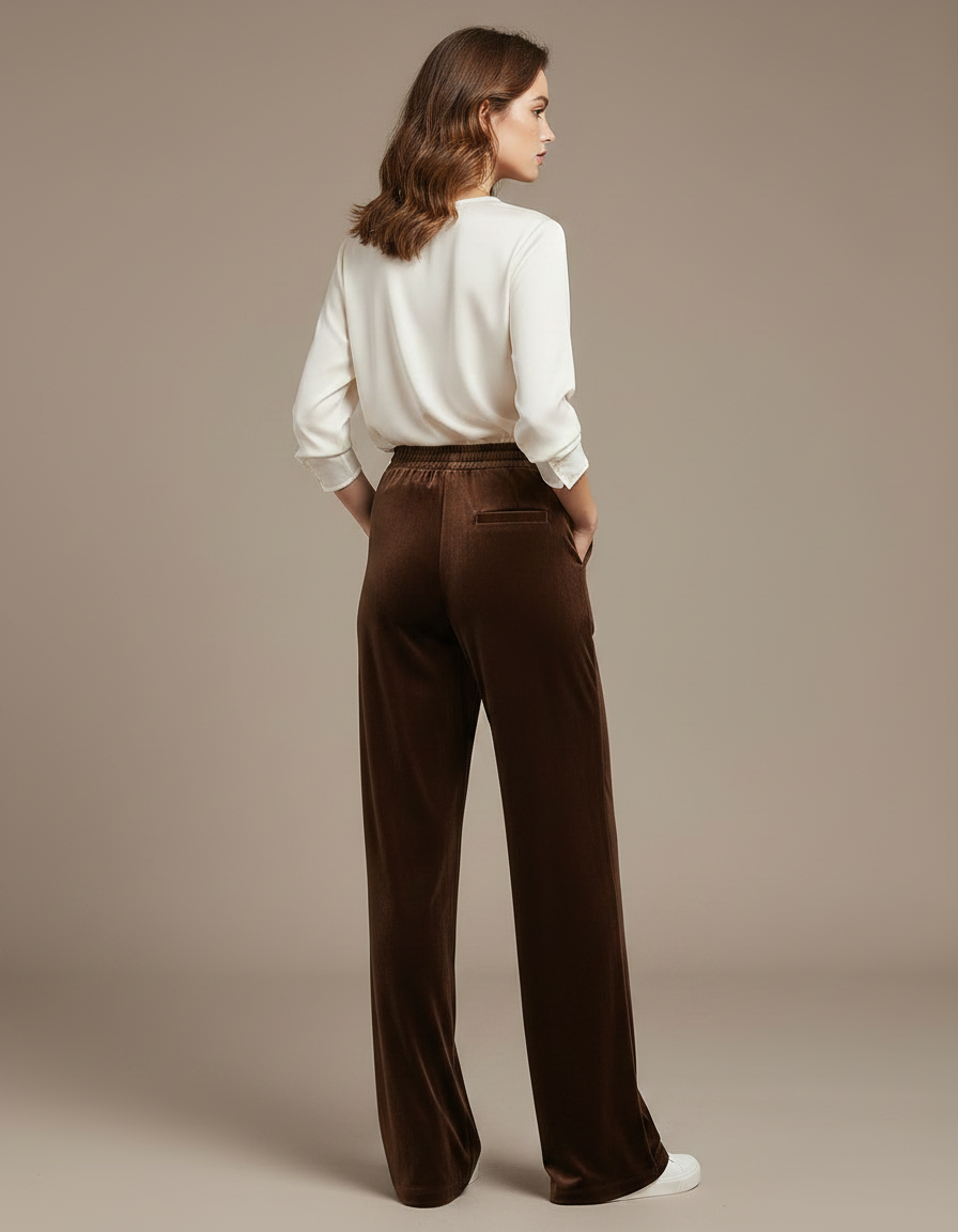 Pantalon Marron Velours Droit Ample Élégant Femme - vue 2