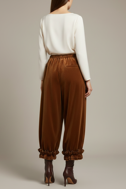 Pantalon Marron Velours Ample Plissé Volants Femme - vue 2