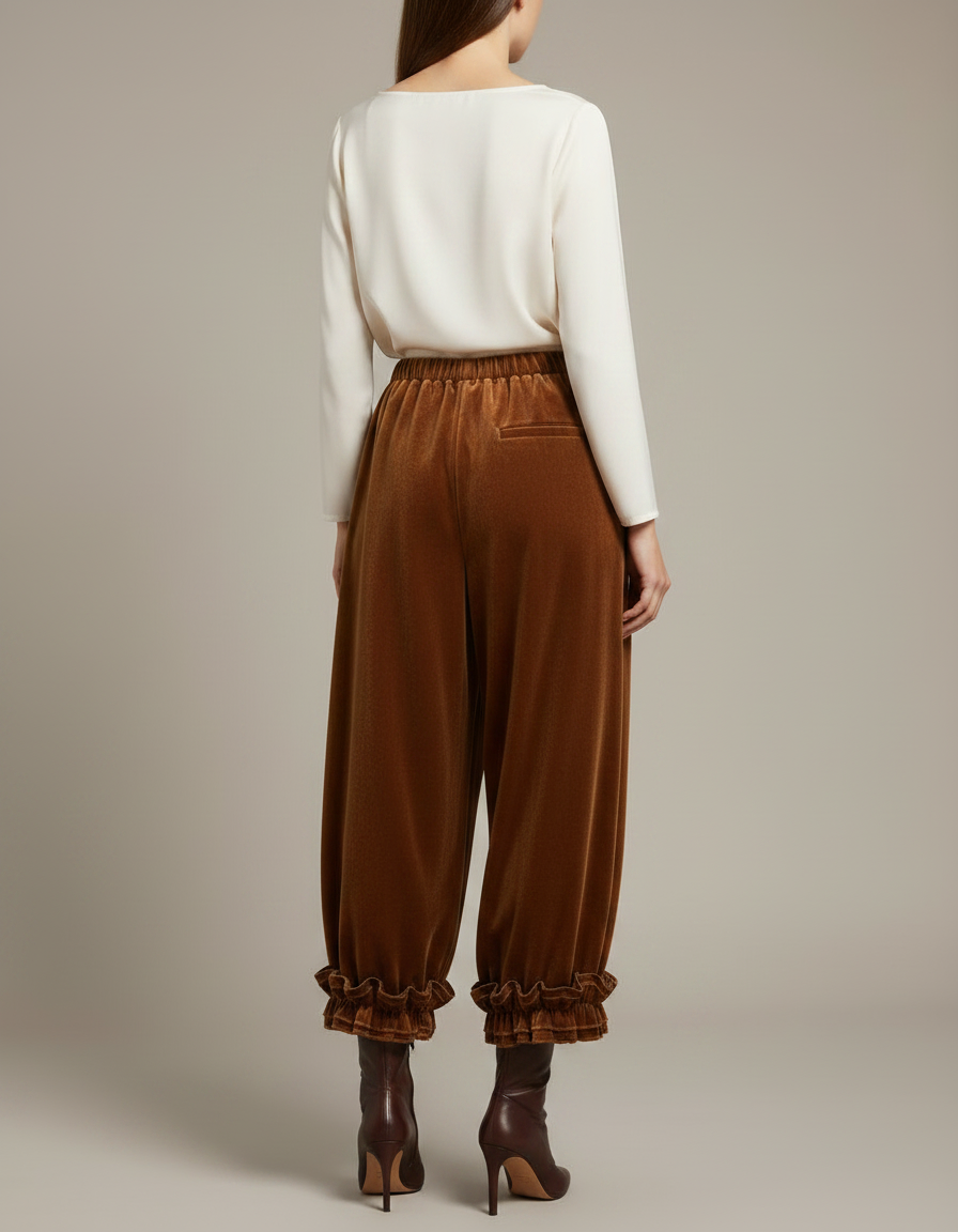 Pantalon Marron Velours Ample Plissé Volants Femme - vue 2