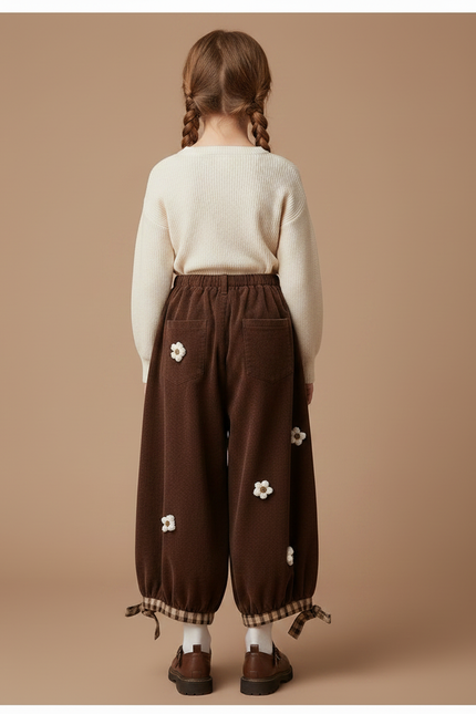 Pantalon Marron Ample Côtelé Fleuri Décontracté Enfant - Cordé - vue 2
