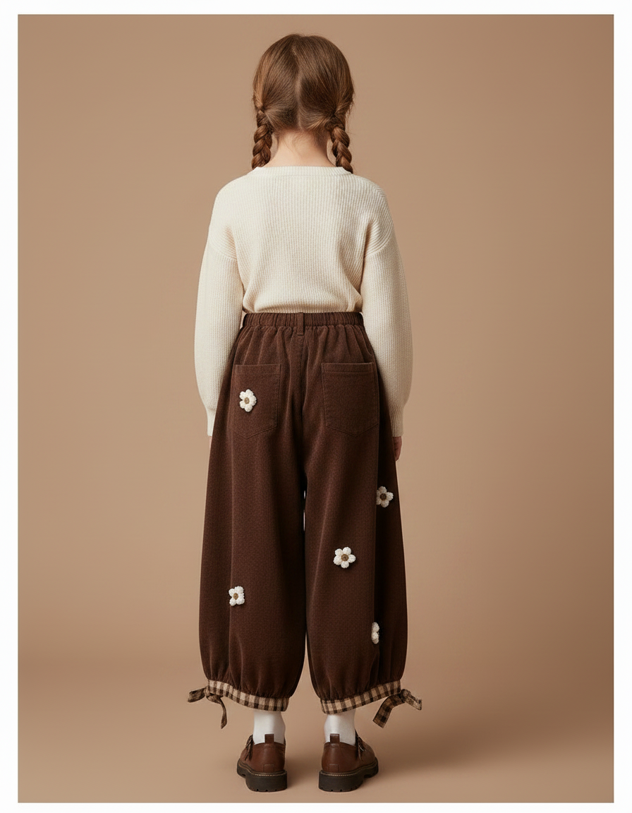 Pantalon Marron Ample Côtelé Fleuri Décontracté Enfant - Cordé - vue 2