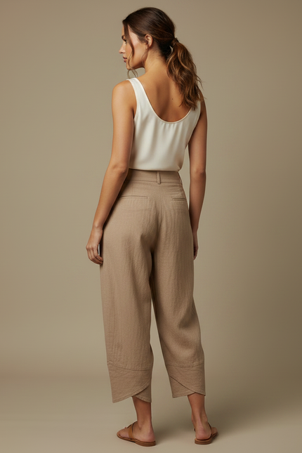 Pantalon Marron Ample Lin Plissé Décontracté Femme - Camel - vue 2