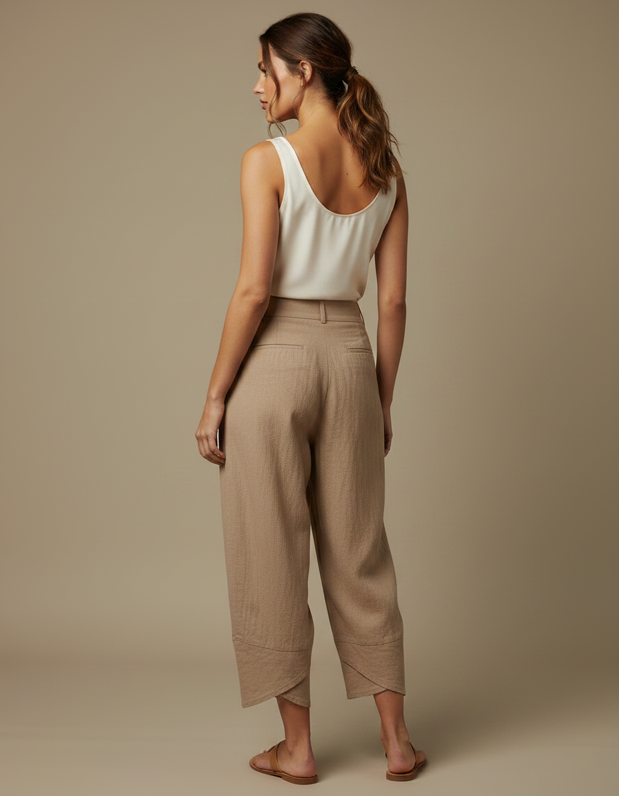 Pantalon Marron Ample Lin Plissé Décontracté Femme - Camel - vue 2