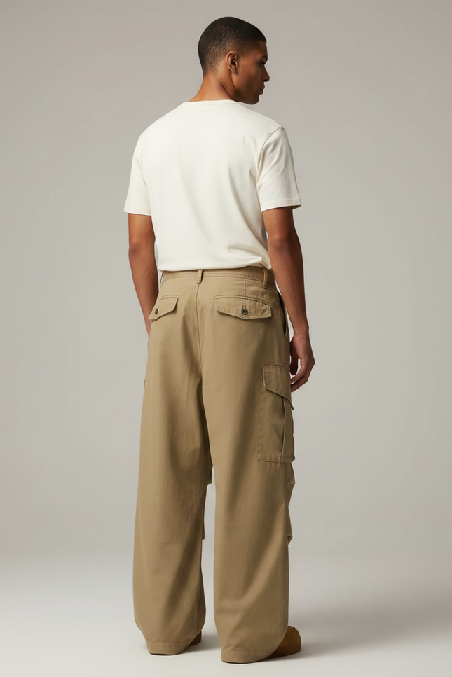 Pantalon Marron Cargo Ample Décontracté Multi-poches Homme - Kaki Gabardine - vue 2